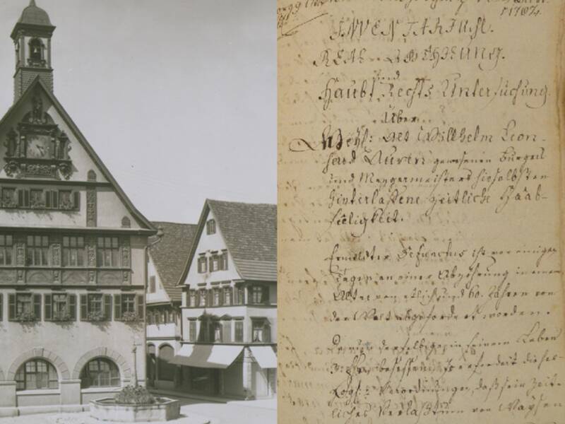 Alte Bücher, das historische Rathaus in Metzingen, eine historische Archivalie und ein Foto der Stadt Metzingen aus früherer Zeit.