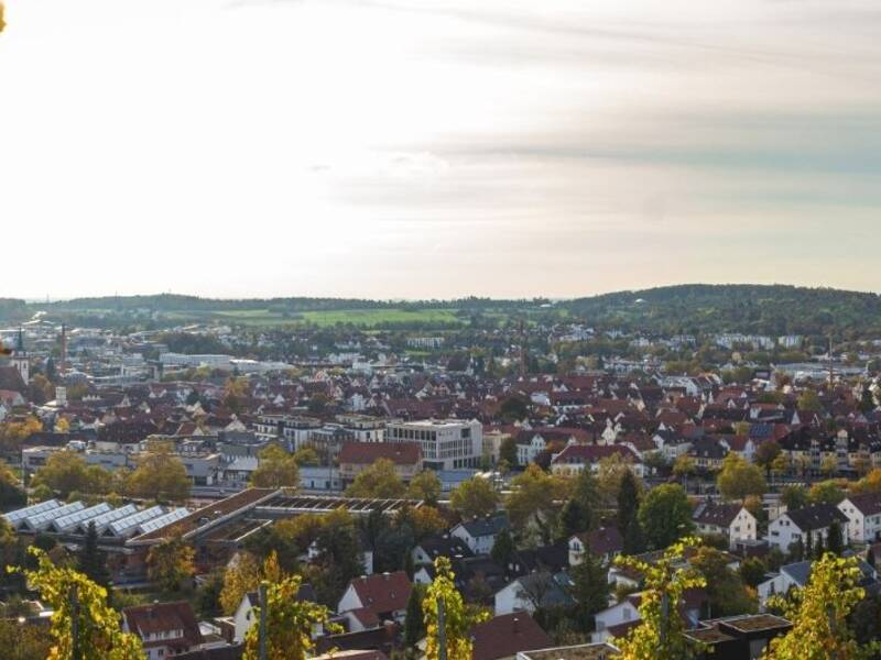 Hier ist Metzingen vom Weinberg aus zu sehen, es ist Abend und beginnende herbstliche Stimmung. 