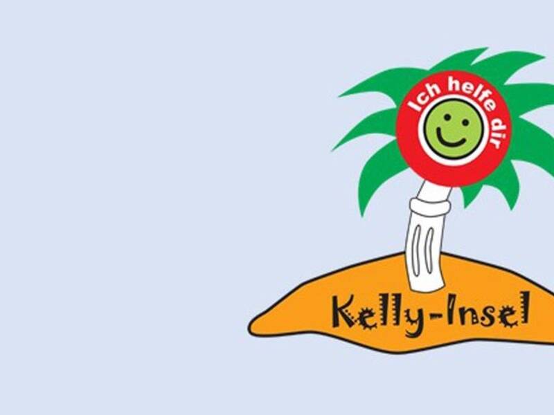 Hier ist eine gezeichnete Palme auf einer Insel zu sehen. Es ist das symbol der Kelly-Inseln. Diese zwei Worte stehen auch auf der kleinen Insel. Fer Hintergrund ist blau. 