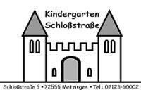 Das Bild zeigt eine stilisierte Zeichnung einer Burg mit zwei Türmen und dem Text "Kindergarten Schloßstraße" darüber, sowie Kontaktinformationen darunter.