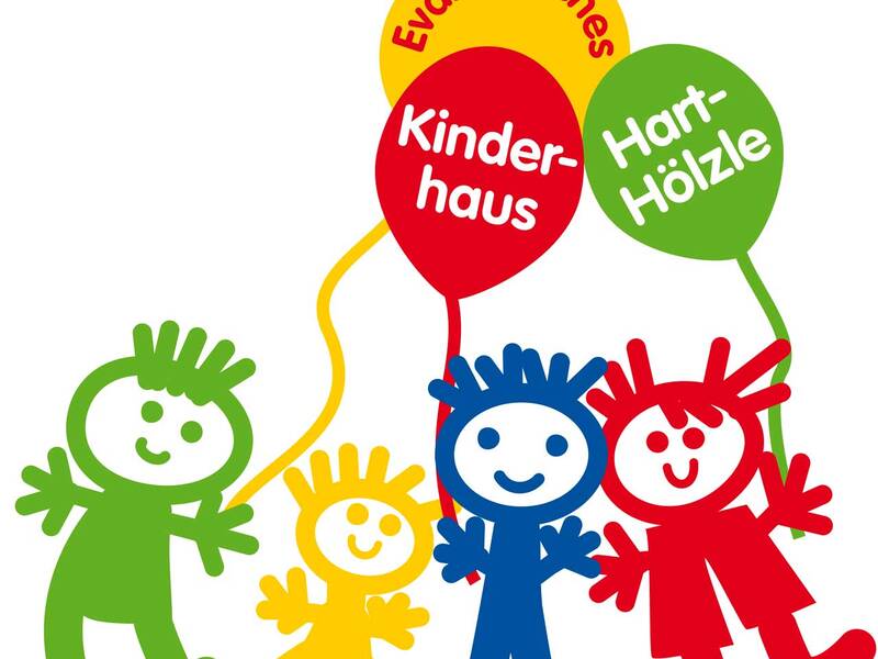 Bunte Strichfiguren in Grün, Gelb, Blau und Rot halten Luftballons, auf denen "Evangelisches", "Kinderhaus" und "Hart-Hölzle" steht.