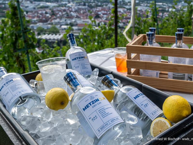 Auf einem Tisch stehen mehrere Flaschen Metzinger Dry Gin in einer mit Eis gefüllten Schale, umgeben von Zitronen, vor einem Hintergrund aus Weinreben und Stadtansicht.