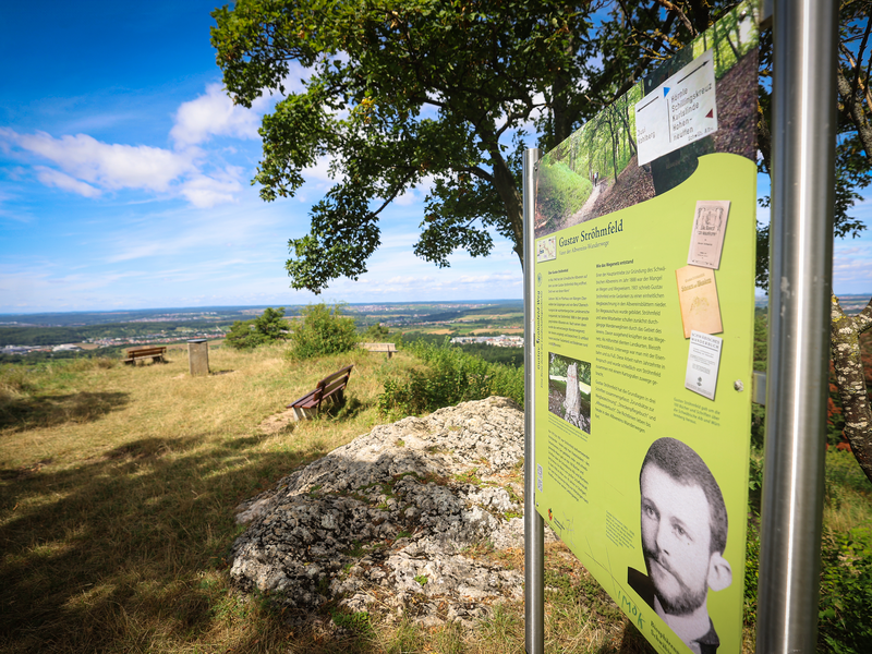 Im Vordergrund steht eine Infotafel über Gustav Ströhmfeld, während im Hintergrund eine Aussicht mit Bänken und Bäumen über eine weitläufige Landschaft sichtbar ist.