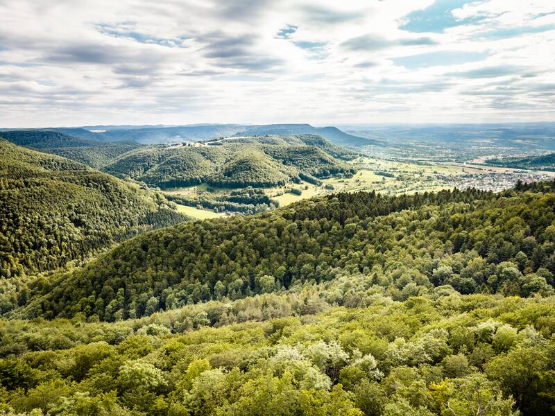 Eine weitläufige, grüne Hügellandschaft erstreckt sich unter einem bewölkten Himmel mit vereinzelten Sonnenstrahlen.