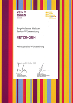 Urkunde Weinsüden Weinort Das Bild zeigt eine bunte Urkunde, die Metzingen als empfohlenen Weinort in Baden-Württemberg im Anbaugebiet Württemberg auszeichnet.