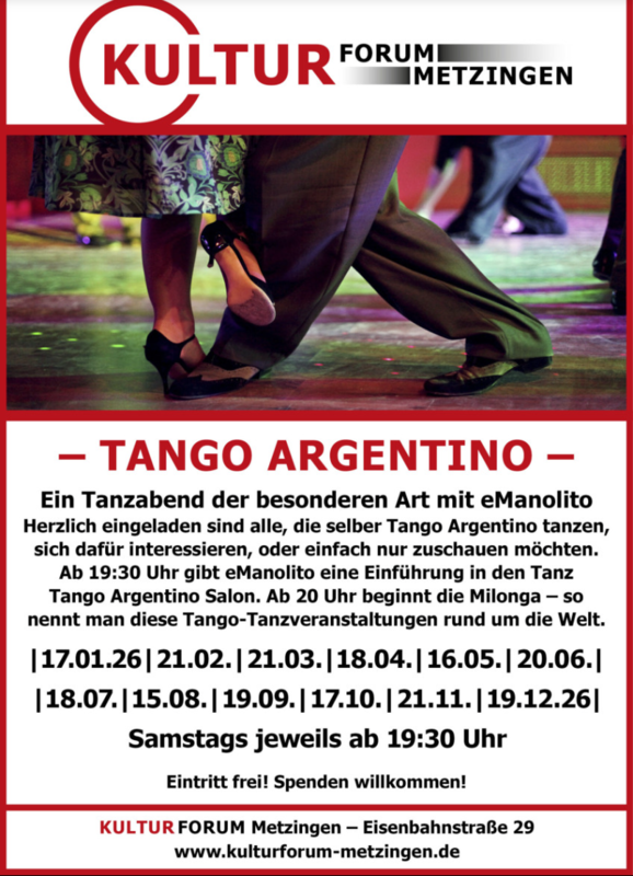 Tango Argentino im Kulturforum Metzingen, Übersicht der Termine 2026.